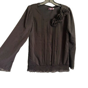 Black Pleated Blouse with Shirred Hem and Floral Rose Design